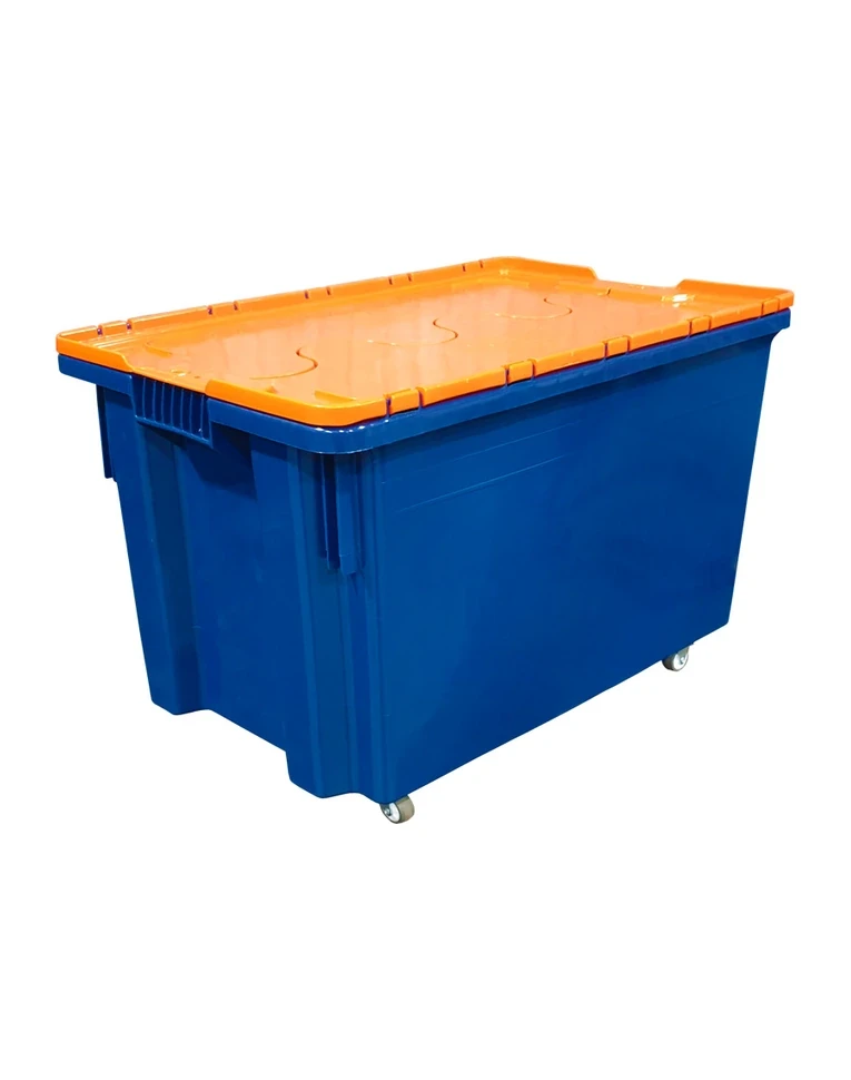 Ящик п/э 600х400х350 сплошной, Safe PRO цв. синий с оранжевой крышкой на колесах